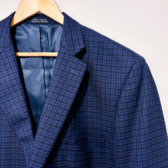 ALFRED SUNG Navy plaid wool blazer | Tailored classic mens jacket | 48 Long * - Picture 4 of 7